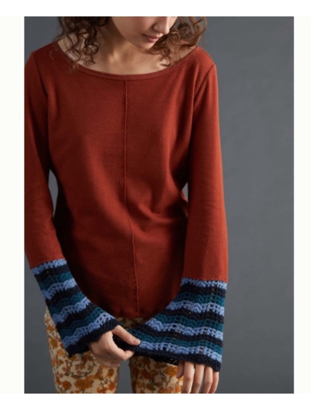 Anthropologie Pilcro Crochet Cuff Top Waffle Knit Cedar Long Sleeve Small